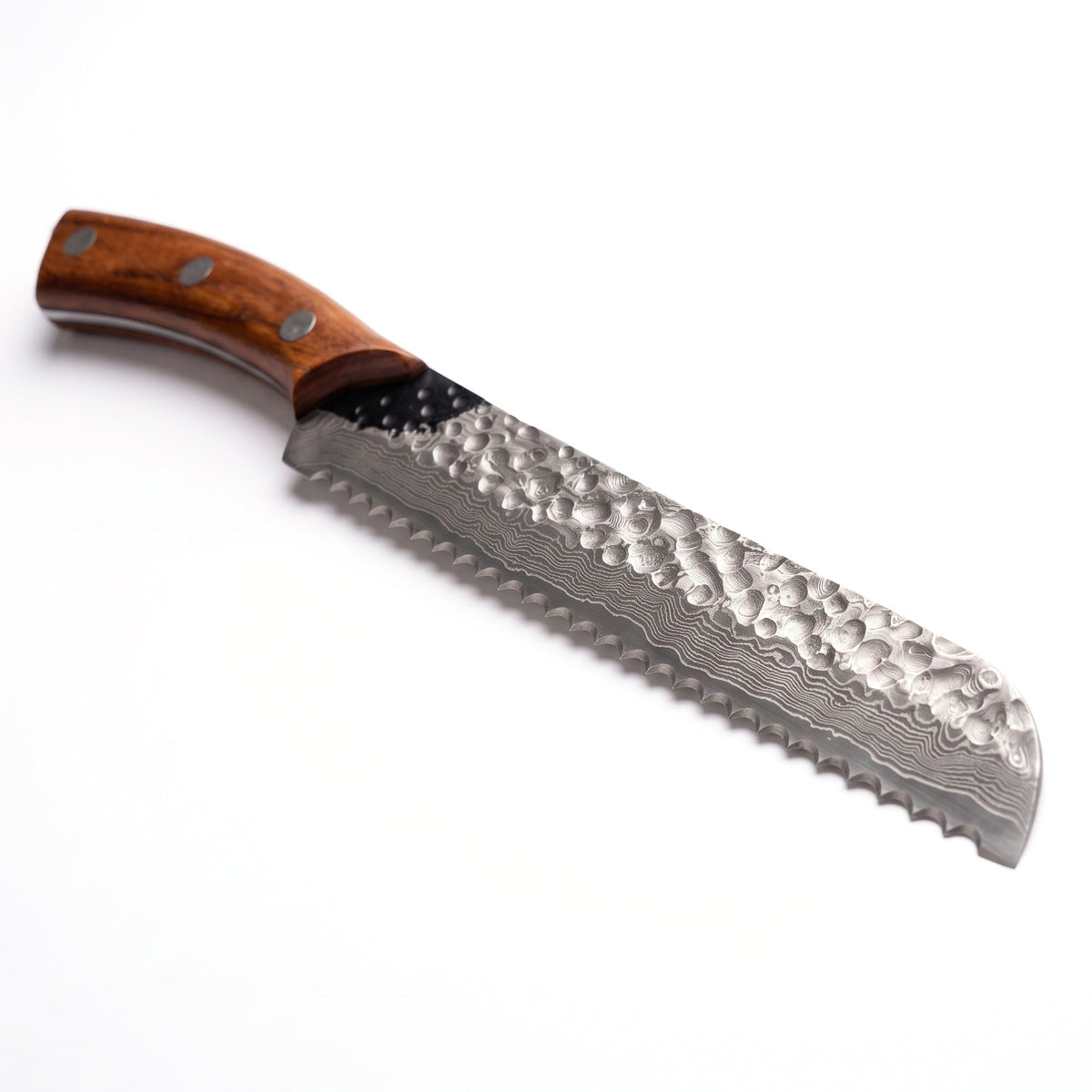 8" Damascus Bread Knife | Rosewood, Damascus blade close-up