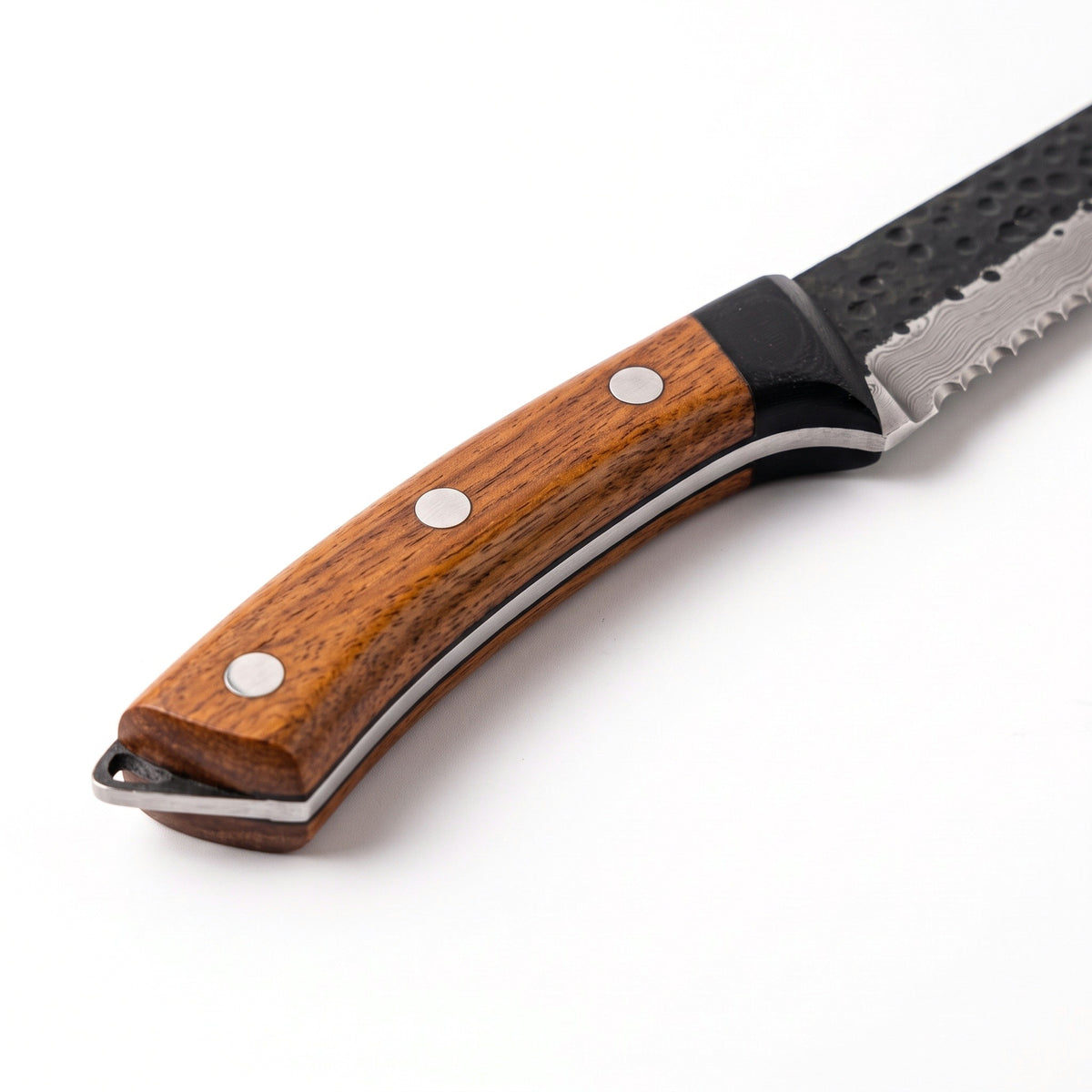 8" Damascus Bread Knife | Rosewood, handle and fittings close-up