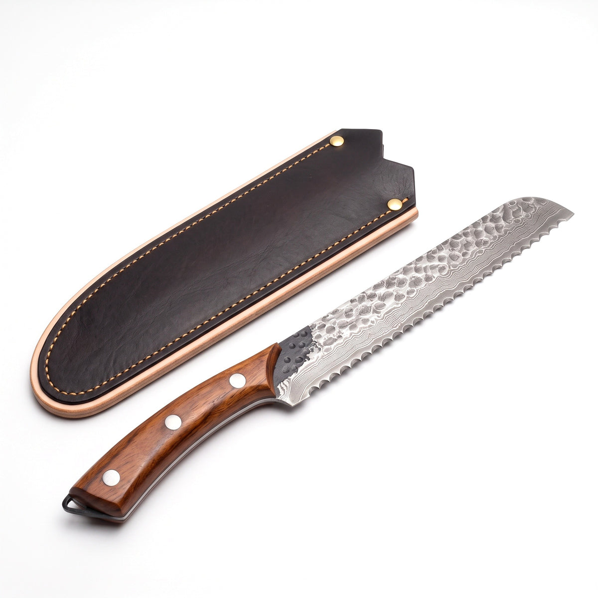 8" Damascus Bread Knife | Rosewood, three-quarter view with the Crownridge blade guard