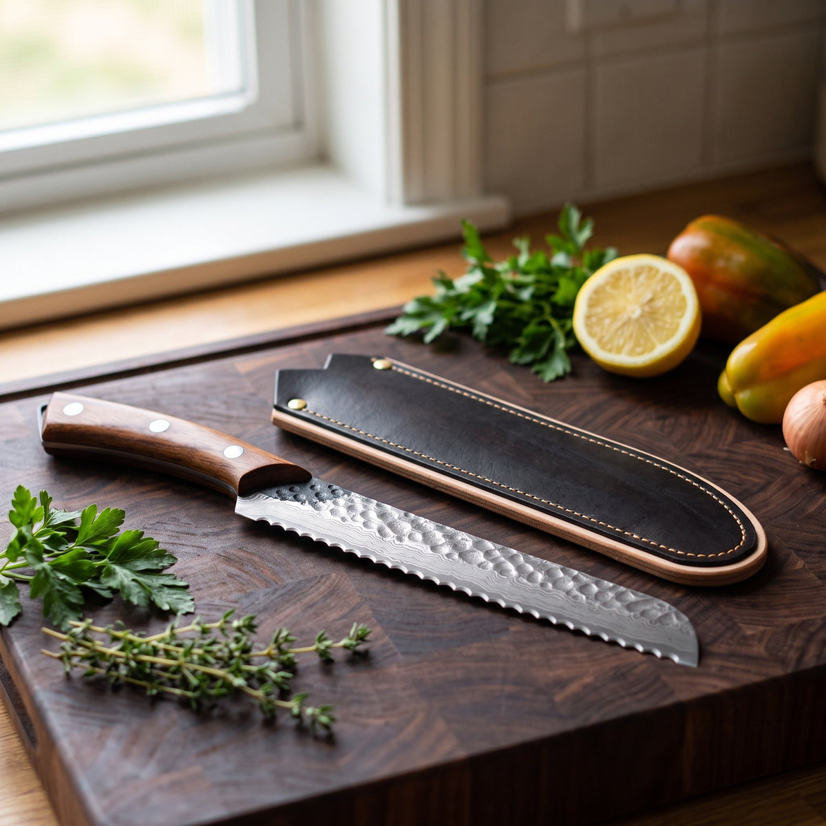 8" Damascus Bread Knife | Rosewood, with the Crownridge blade guard in use