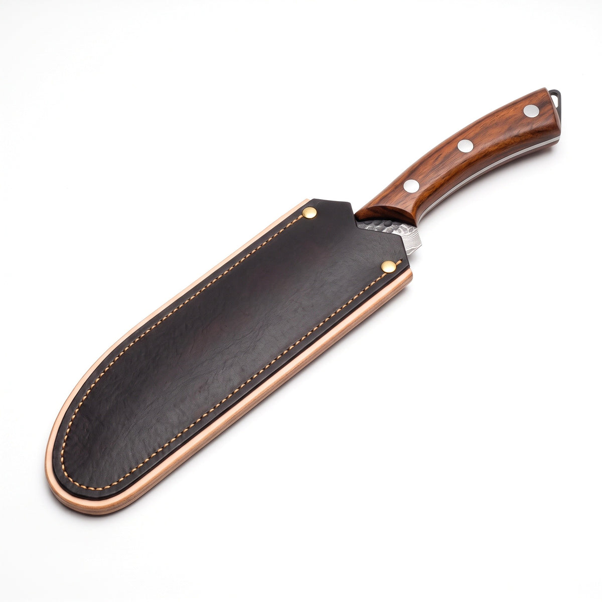 8" Damascus Bread Knife | Rosewood, seated in the Crownridge blade guard