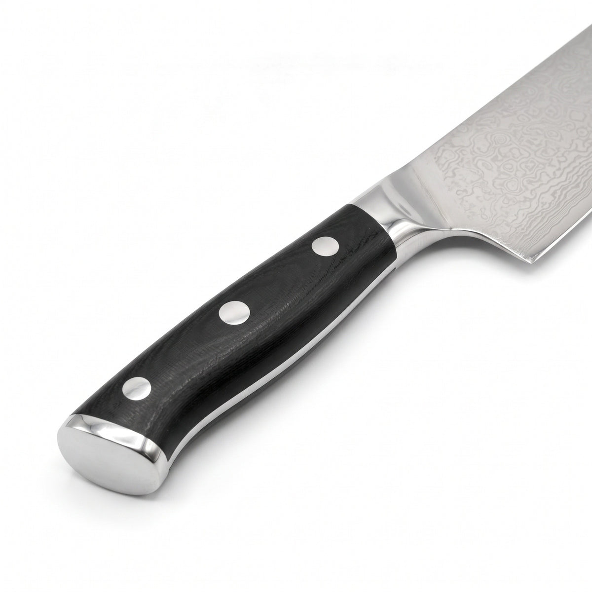 8" Damascus Chef Knife | Black Resin, handle and fittings close-up