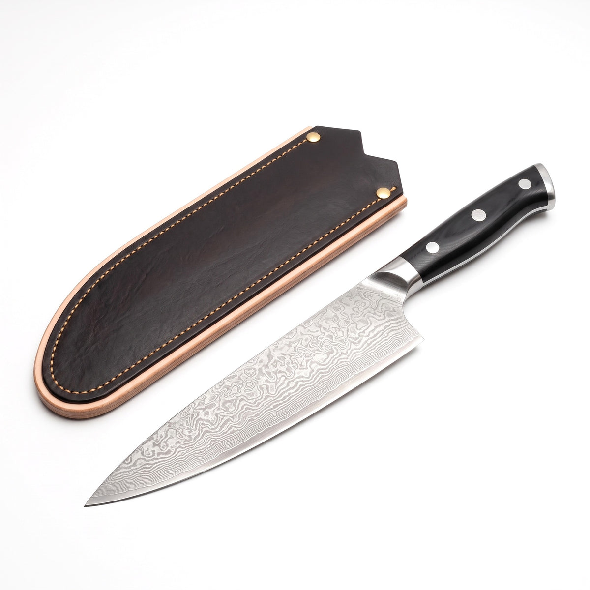 8" Damascus Chef Knife | Black Resin, three-quarter view with the Crownridge blade guard