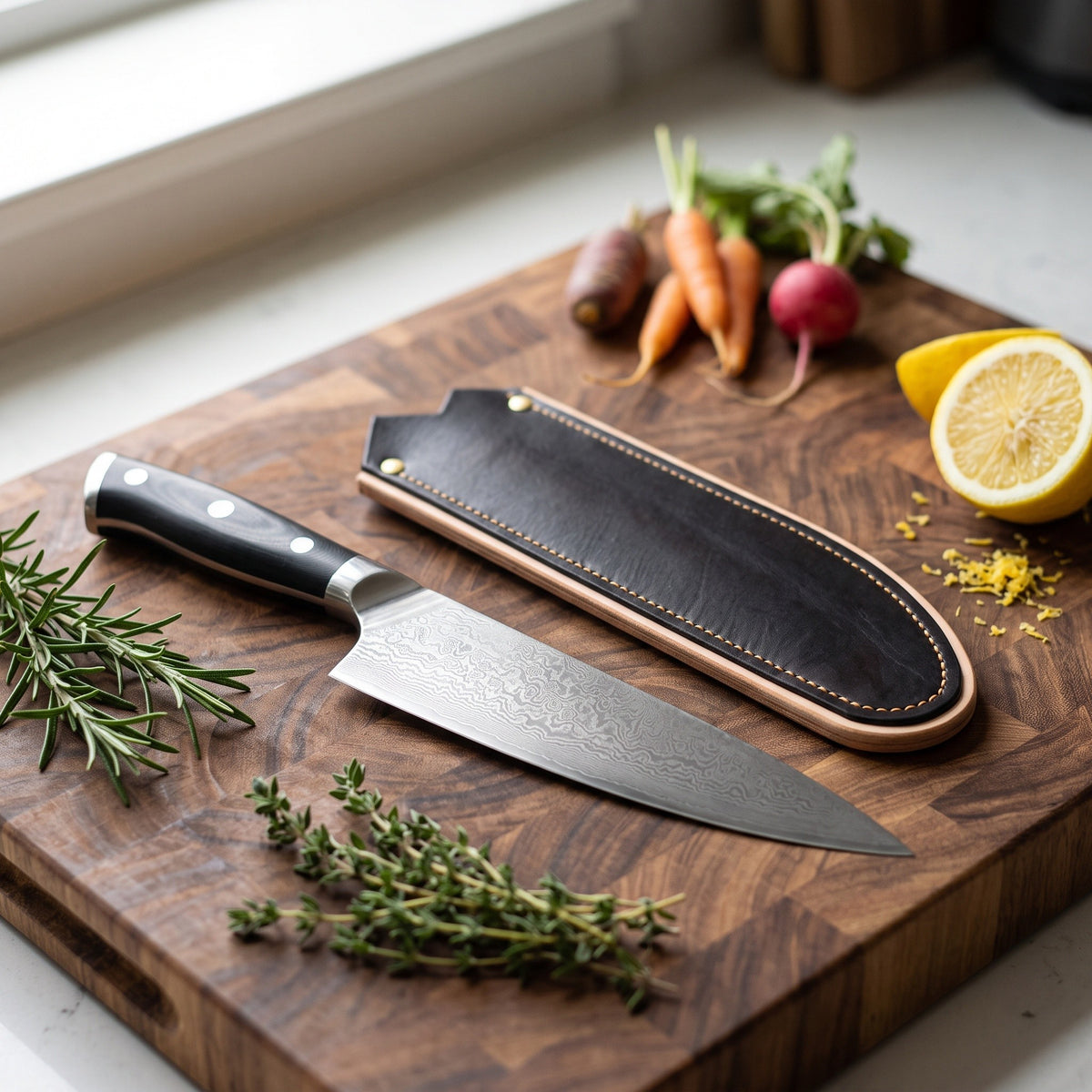 8" Damascus Chef Knife | Black Resin, with the Crownridge blade guard in use