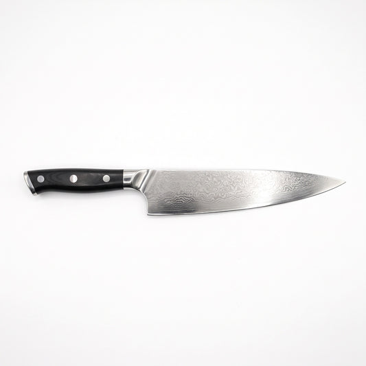 8" Damascus Chef Knife | Black Resin, side profile on white