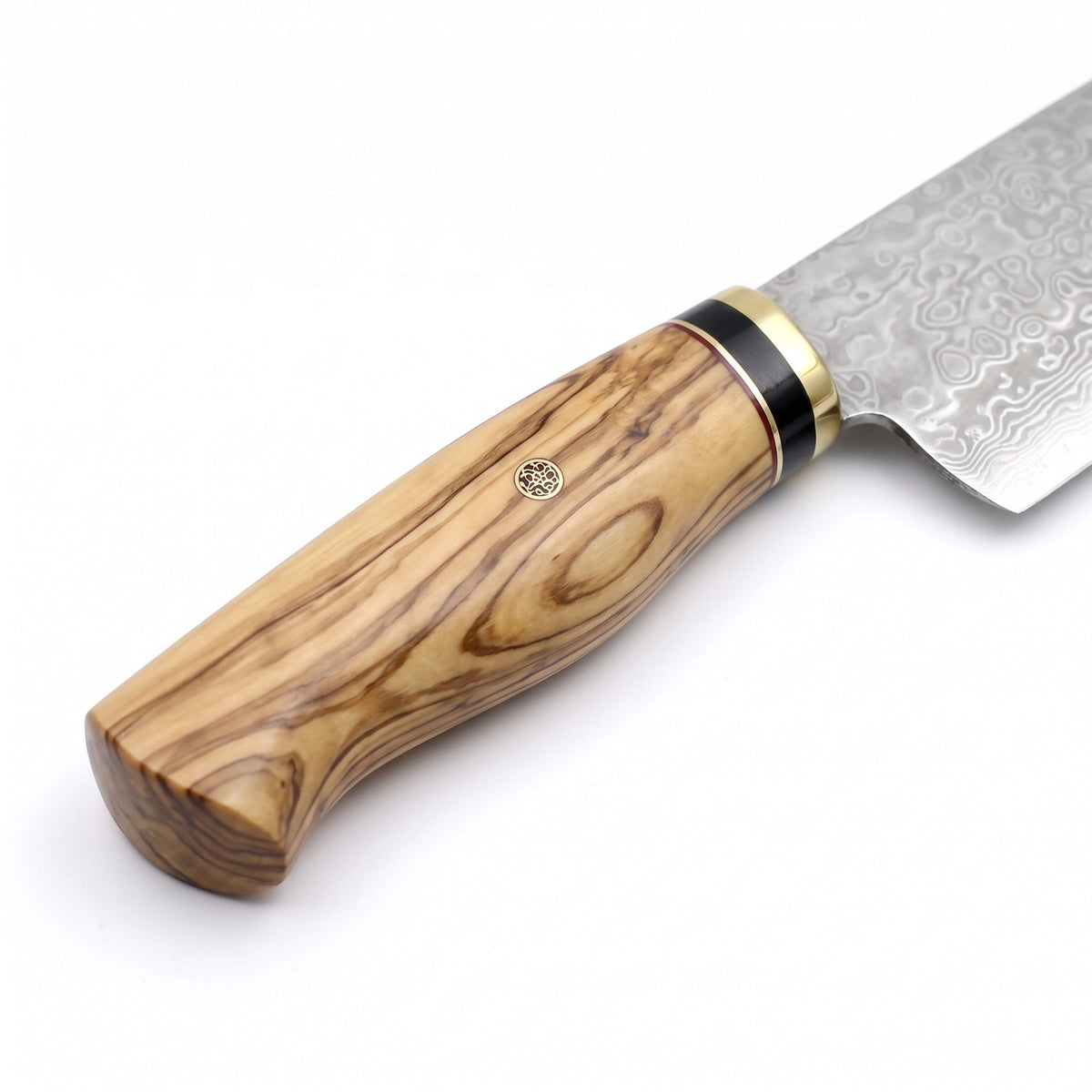 8" Damascus Chef Knife | Olive Wood, handle and fittings close-up