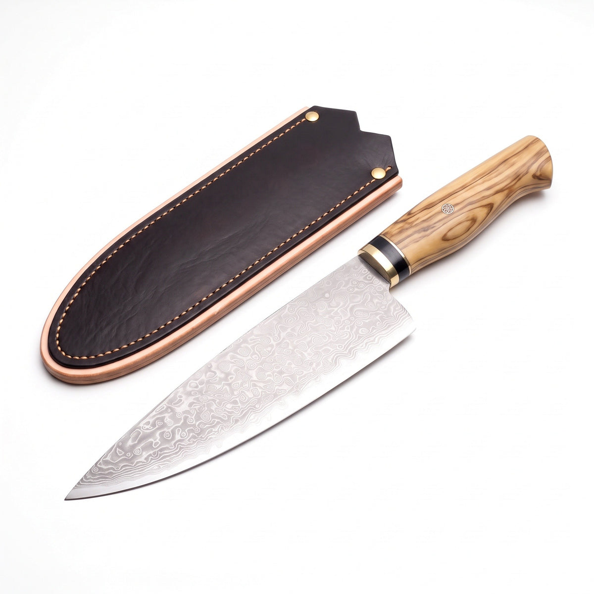 8" Damascus Chef Knife | Olive Wood, three-quarter view with the Crownridge blade guard