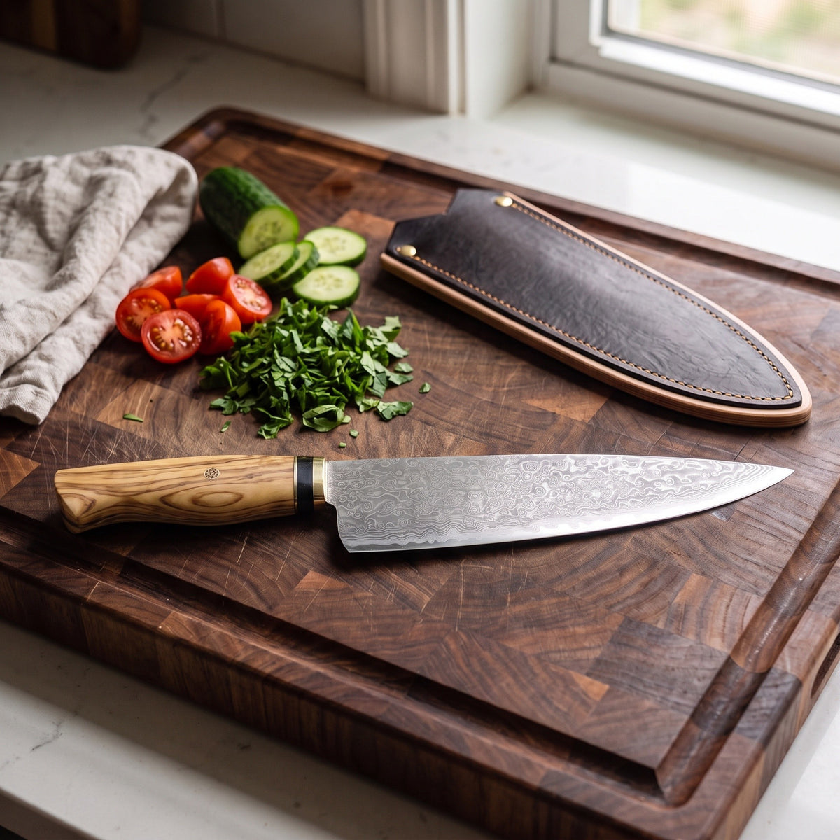 8" Damascus Chef Knife | Olive Wood, with the Crownridge blade guard in use