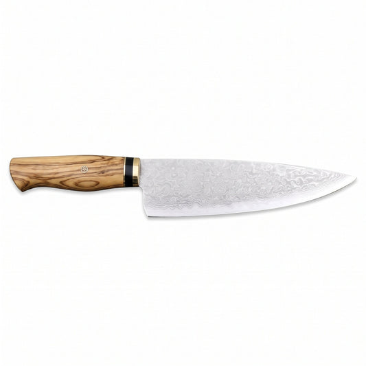 8" Damascus Chef Knife | Olive Wood, side profile on white