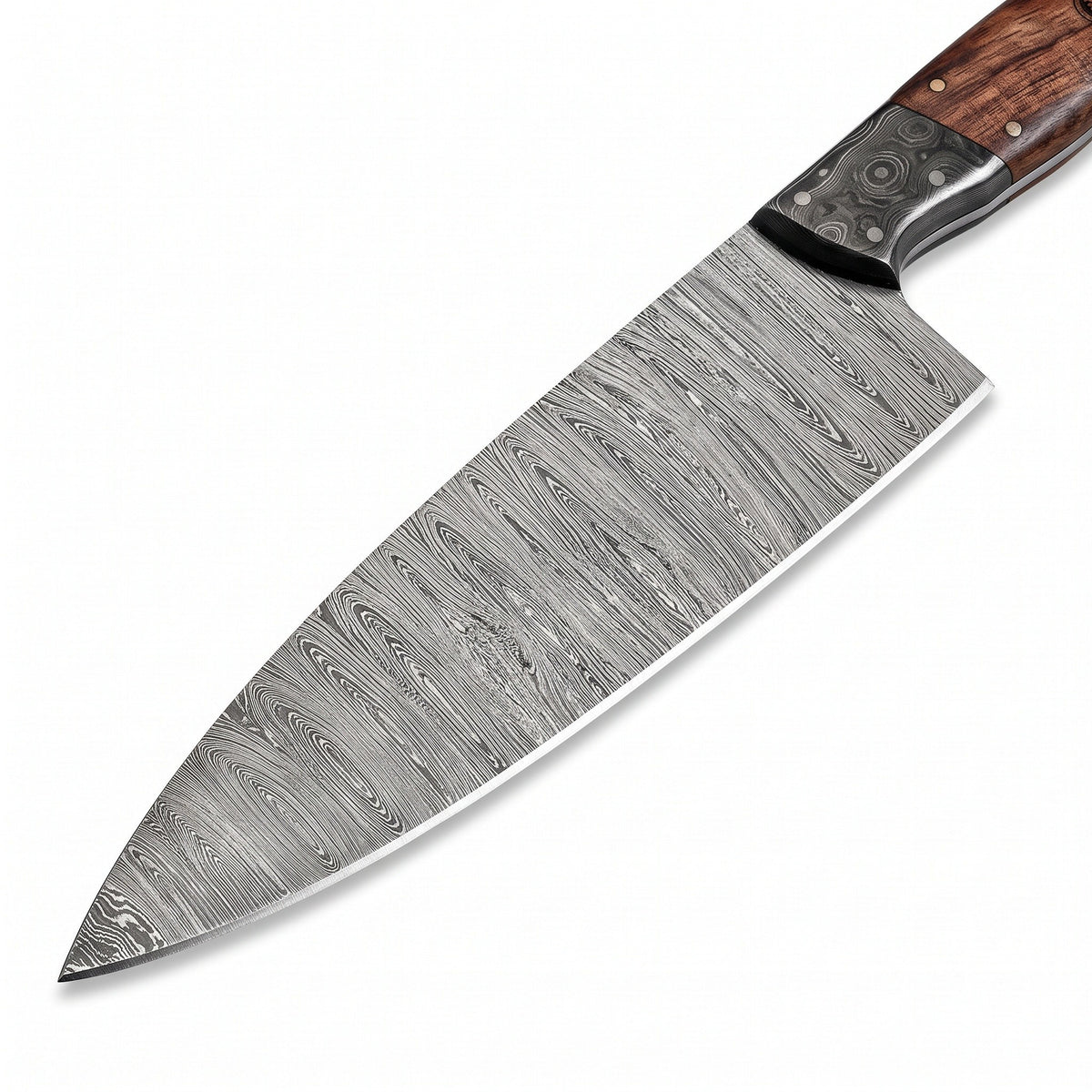 8" Damascus Chef Knife | Walnut, Damascus blade close-up