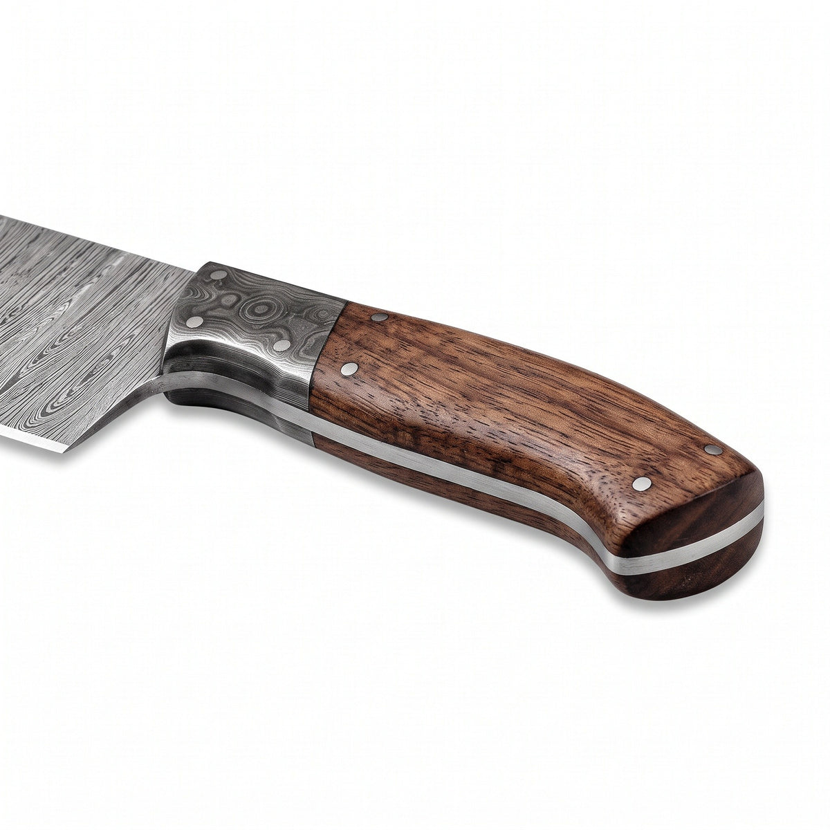 8" Damascus Chef Knife | Walnut, handle and fittings close-up