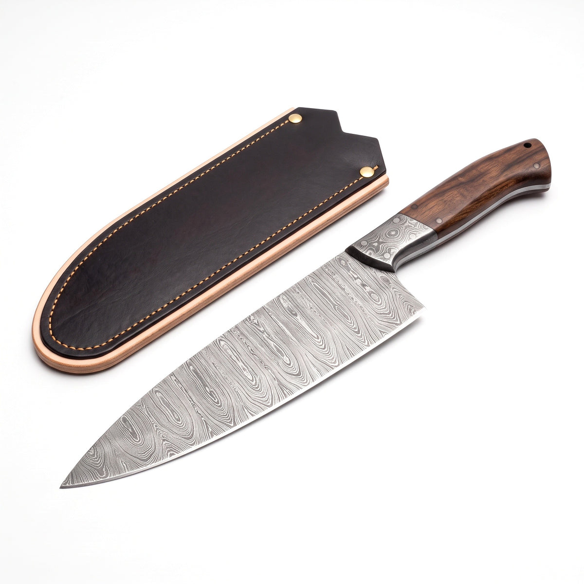 8" Damascus Chef Knife | Walnut, three-quarter view with the Crownridge blade guard
