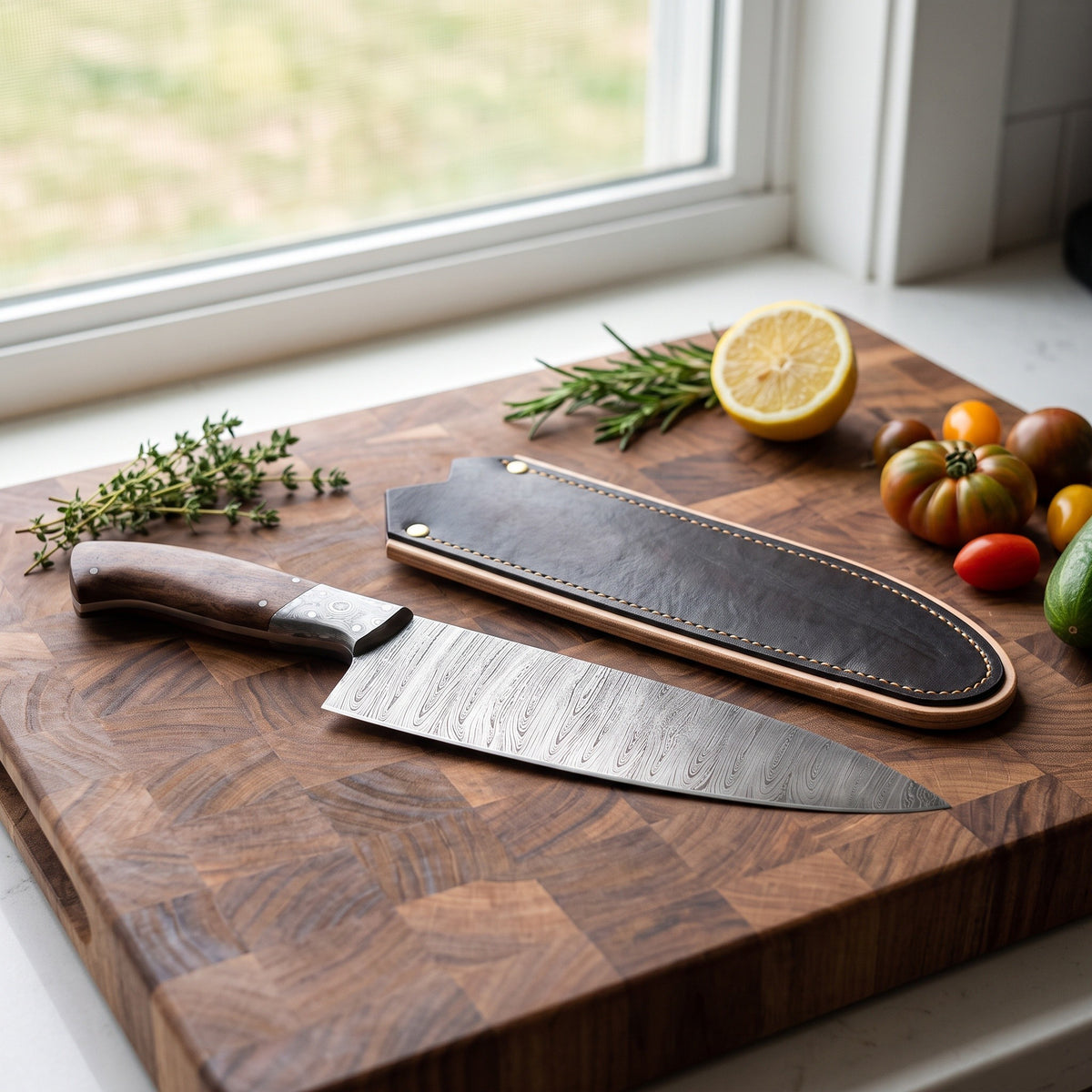 8" Damascus Chef Knife | Walnut, with the Crownridge blade guard in use