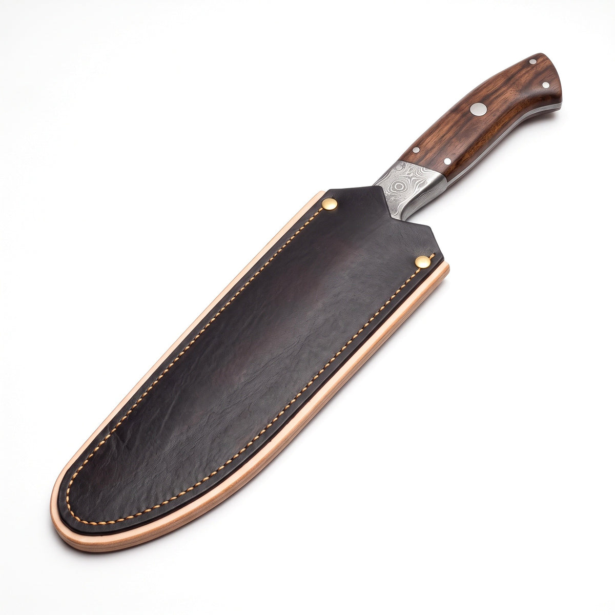8" Damascus Chef Knife | Walnut, seated in the Crownridge blade guard
