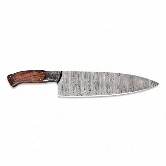8" Damascus Chef Knife | Walnut, side profile on white