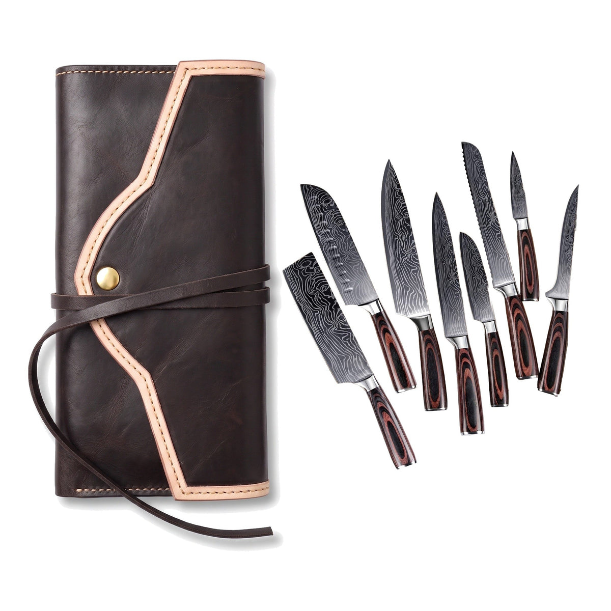 8-Piece Damascus Kitchen Knife Set | Pakkawood, three-quarter view with the Crownridge knife roll