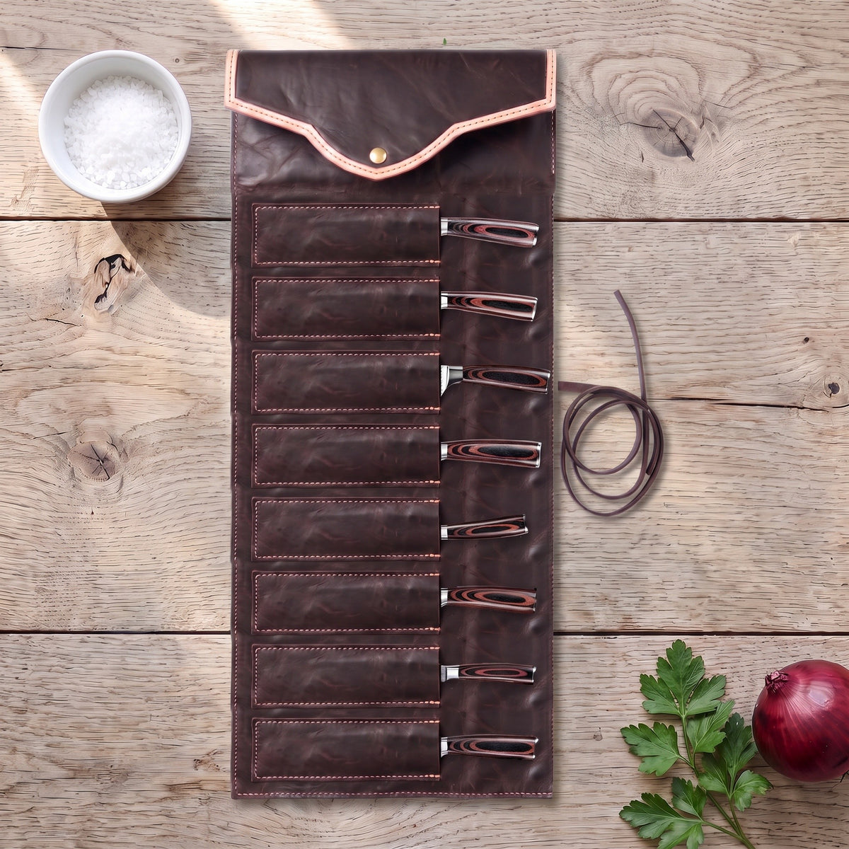 8-Piece Damascus Kitchen Knife Set | Pakkawood, with the Crownridge knife roll in use
