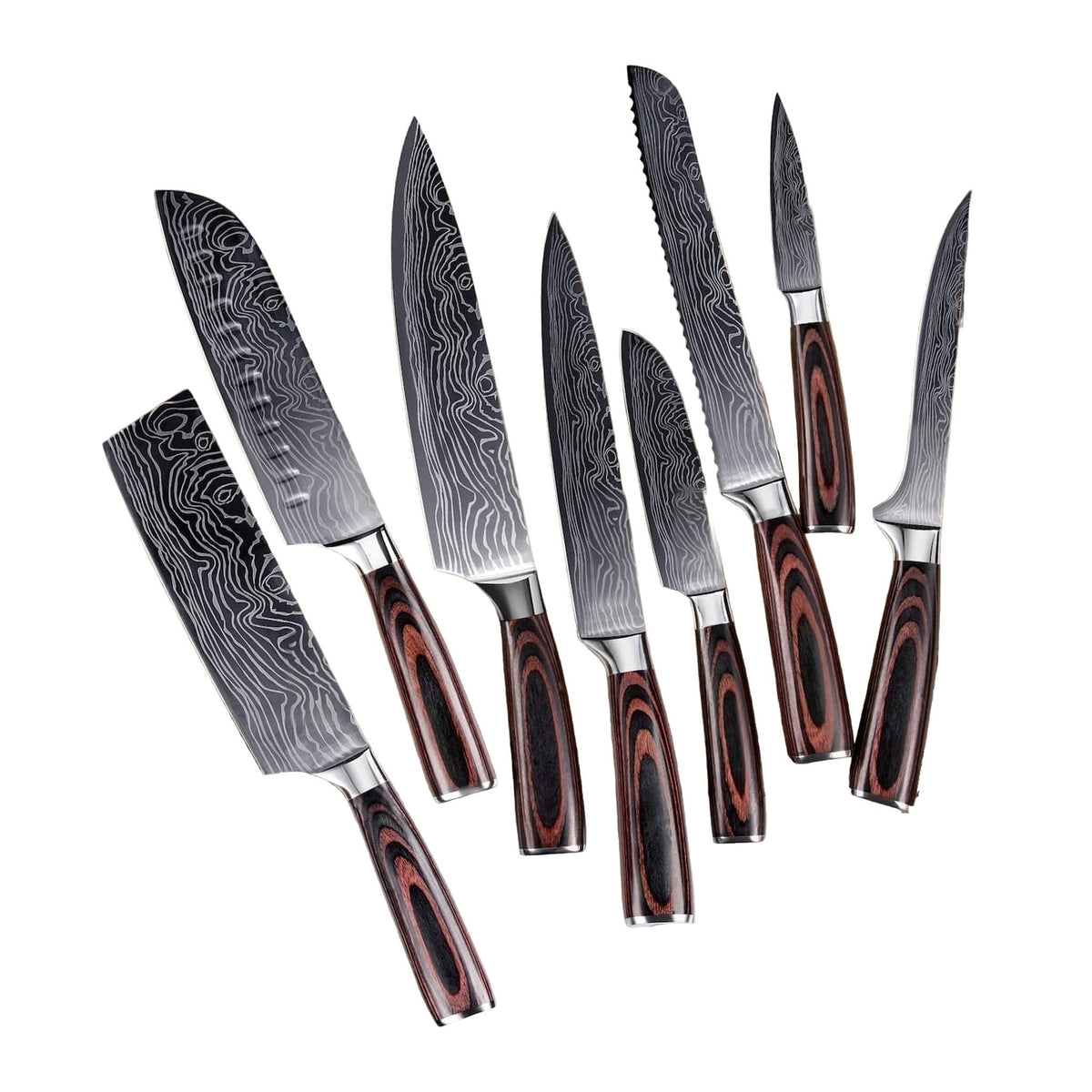 8-Piece Damascus Kitchen Knife Set | Pakkawood, side profile on white