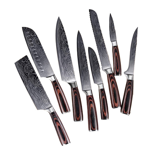 8-Piece Damascus Kitchen Knife Set | Pakkawood, side profile on white