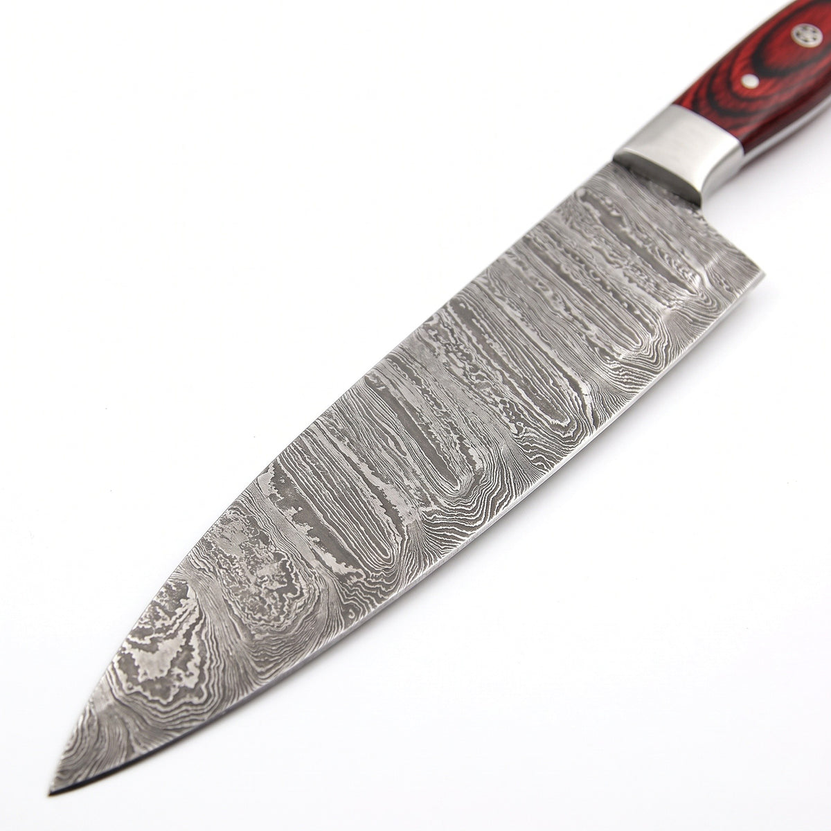 8-Piece Damascus Kitchen Knife Set | Red & Black Pakka, Damascus blade close-up