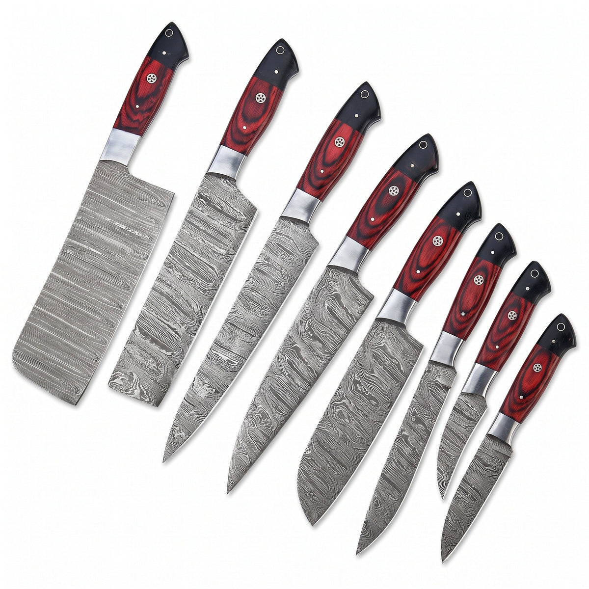 8-Piece Damascus Kitchen Knife Set | Red & Black Pakka, handle and fittings close-up