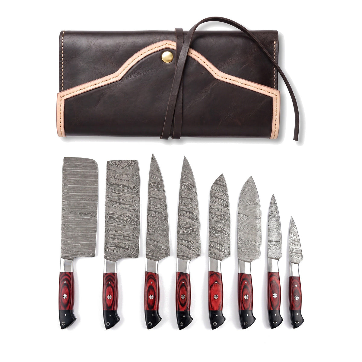 8-Piece Damascus Kitchen Knife Set | Red & Black Pakka, three-quarter view with the Crownridge knife roll