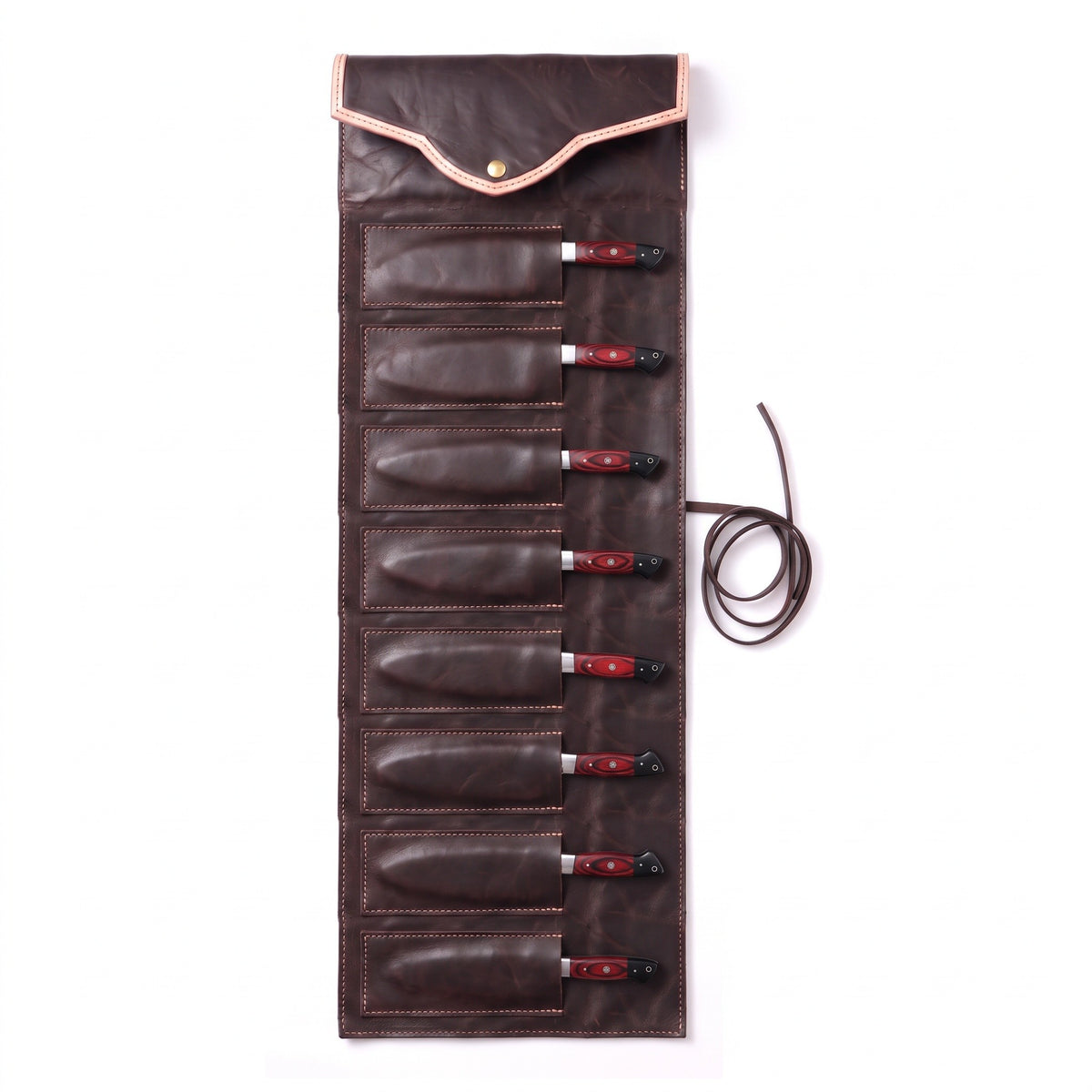 8-Piece Damascus Kitchen Knife Set | Red & Black Pakka, seated in the Crownridge knife roll