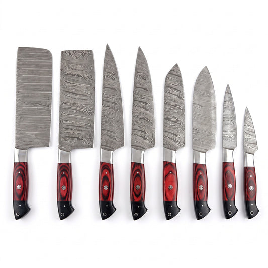 8-Piece Damascus Kitchen Knife Set | Red & Black Pakka, side profile on white, every piece