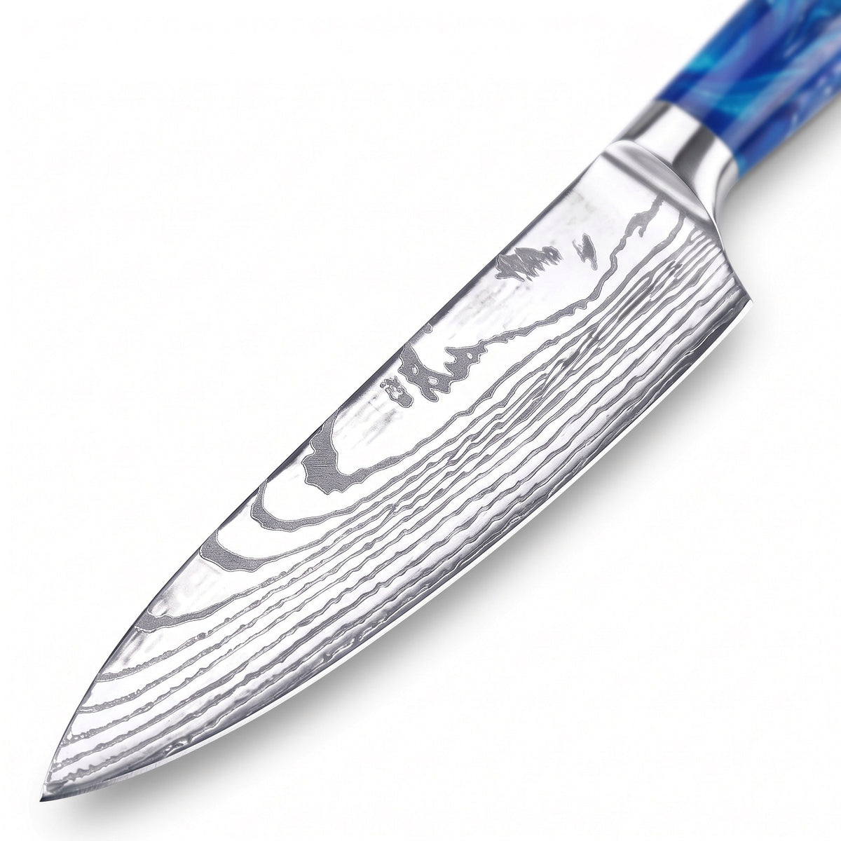 8-Piece Damascus Kitchen Knife Set | Resin, Damascus blade close-up