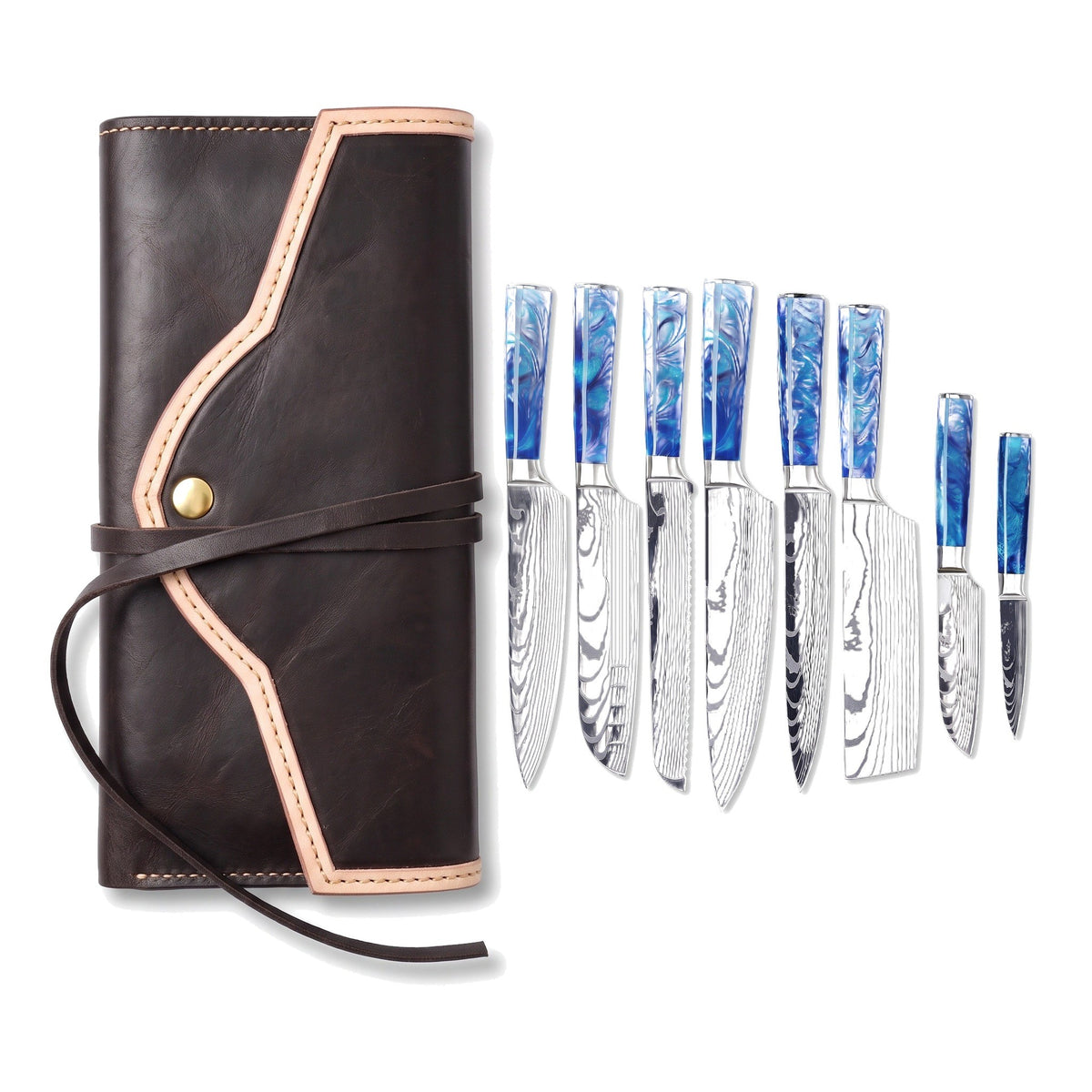 8-Piece Damascus Kitchen Knife Set | Resin, three-quarter view with the Crownridge knife roll