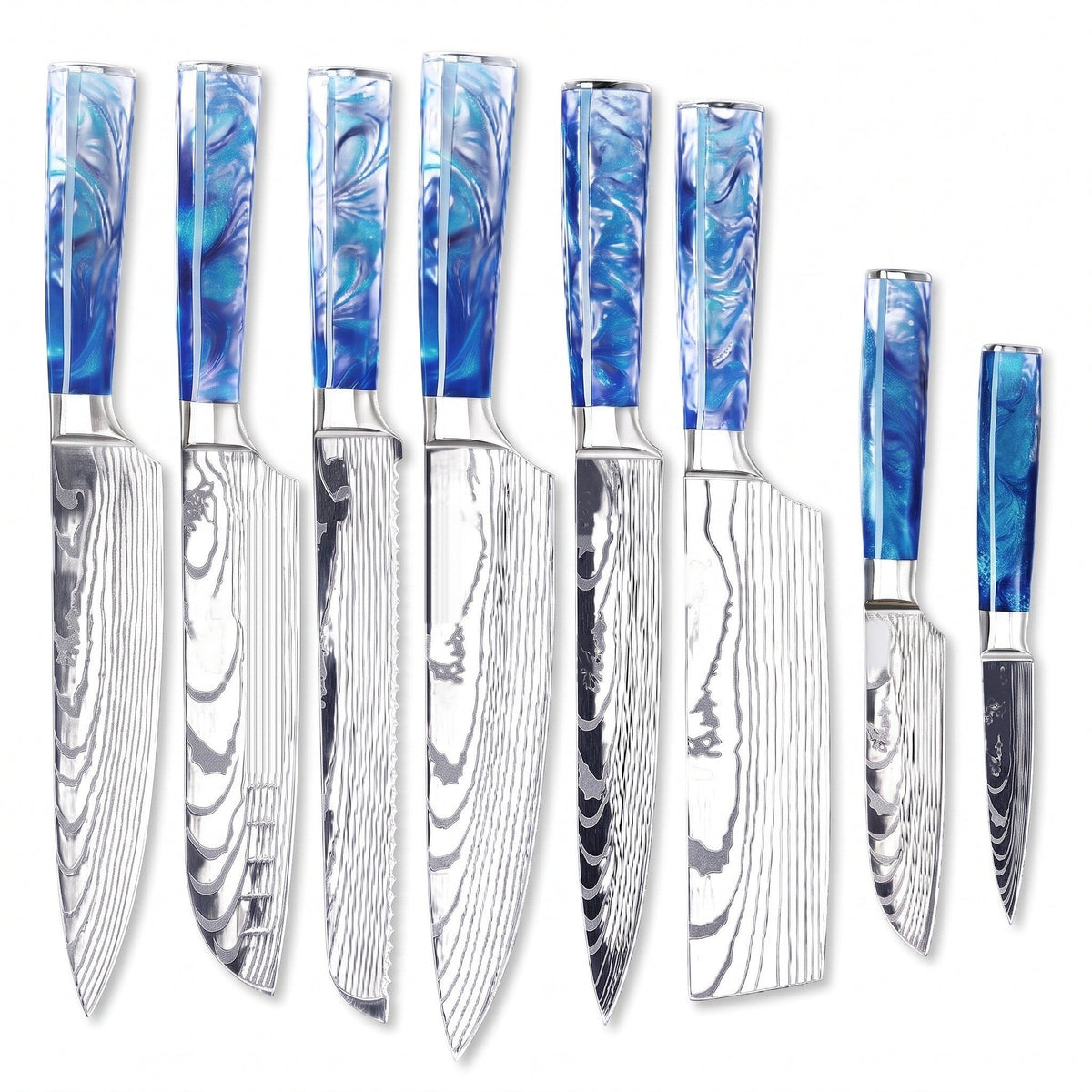 8-Piece Damascus Kitchen Knife Set | Resin, side profile on white