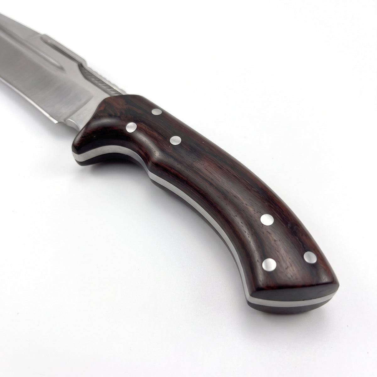 Bench Satin Steel Camp Knife Pair | Black Micarta, handle and fittings close-up