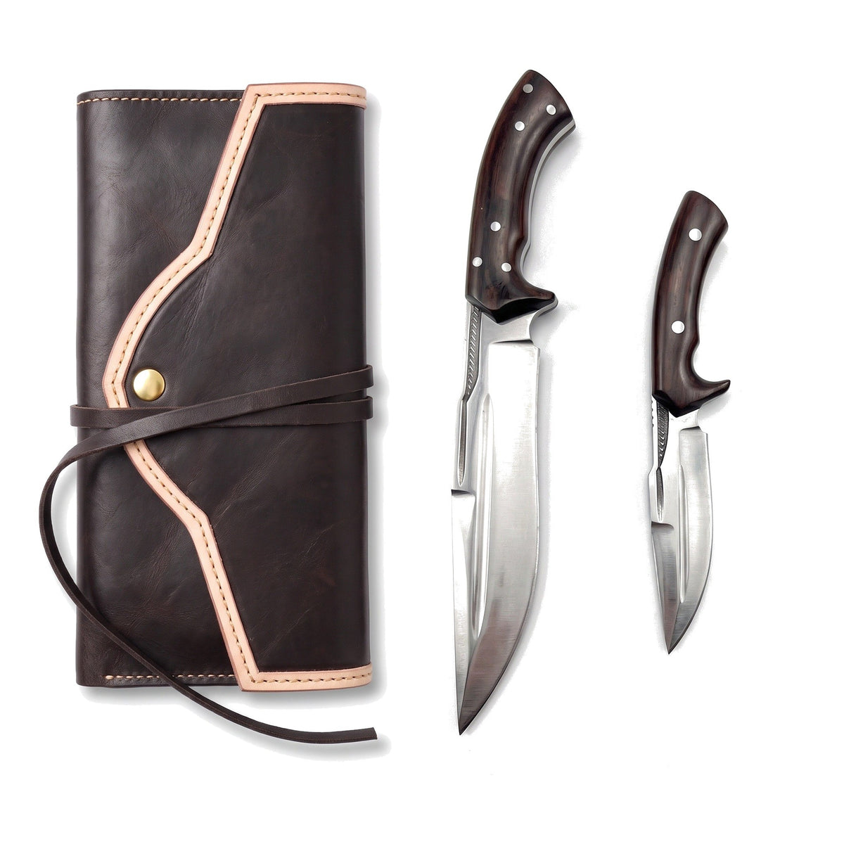 Bench Satin Steel Camp Knife Pair | Black Micarta, three-quarter view with the Crownridge knife roll