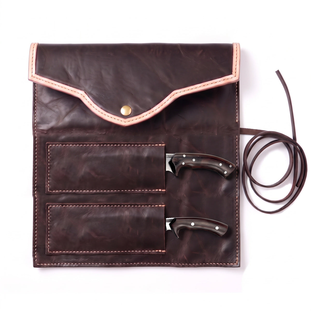 Bench Satin Steel Camp Knife Pair | Black Micarta, seated in the Crownridge knife roll