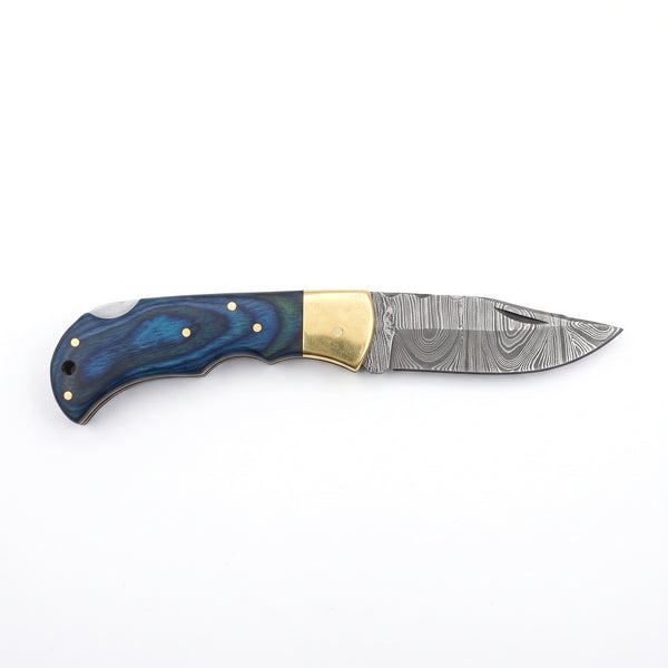 Creek 7.5" Damascus Pocket Knife | Pakkawood, side profile on white