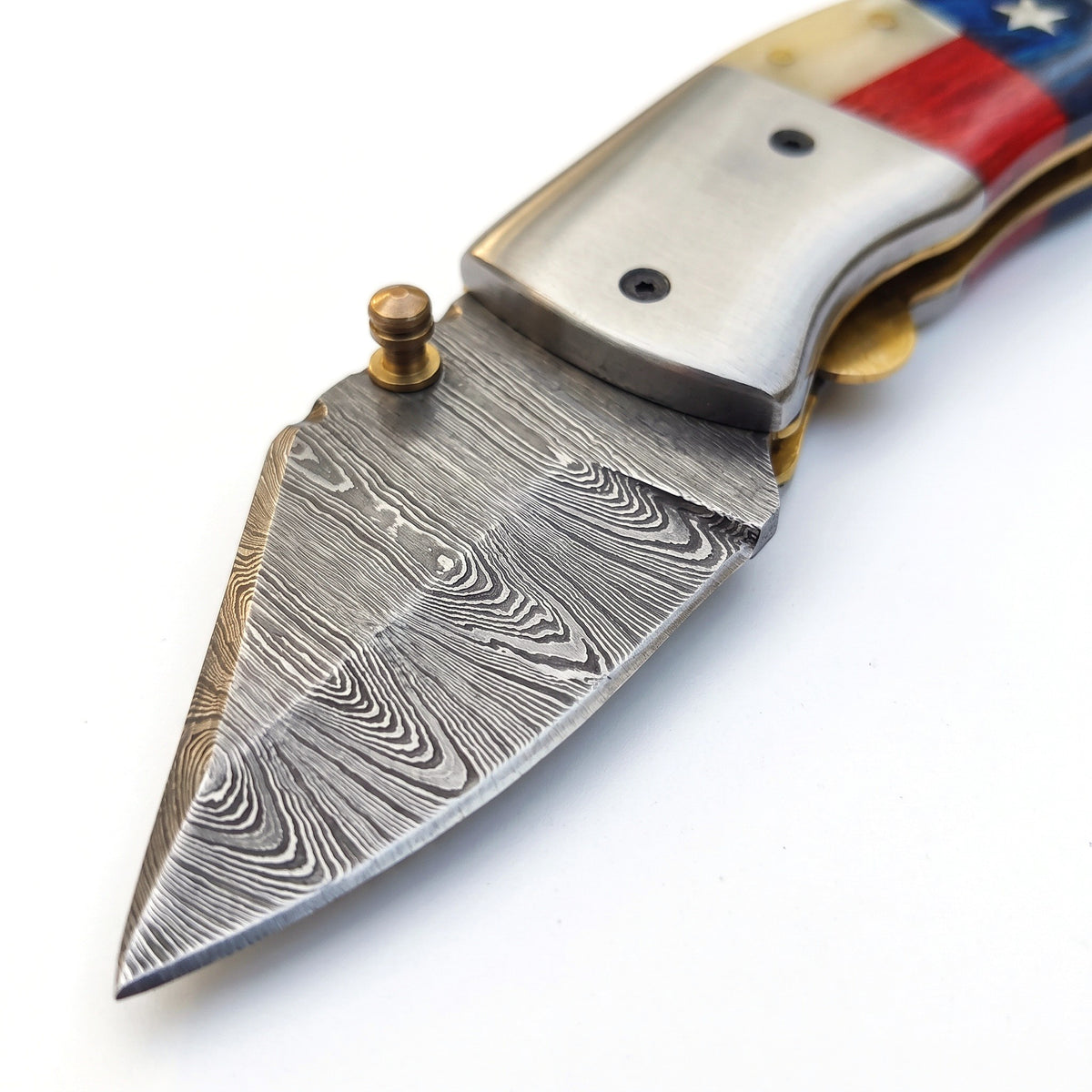 Creek 5" Damascus Pocket Knife | Bone, Damascus blade close-up