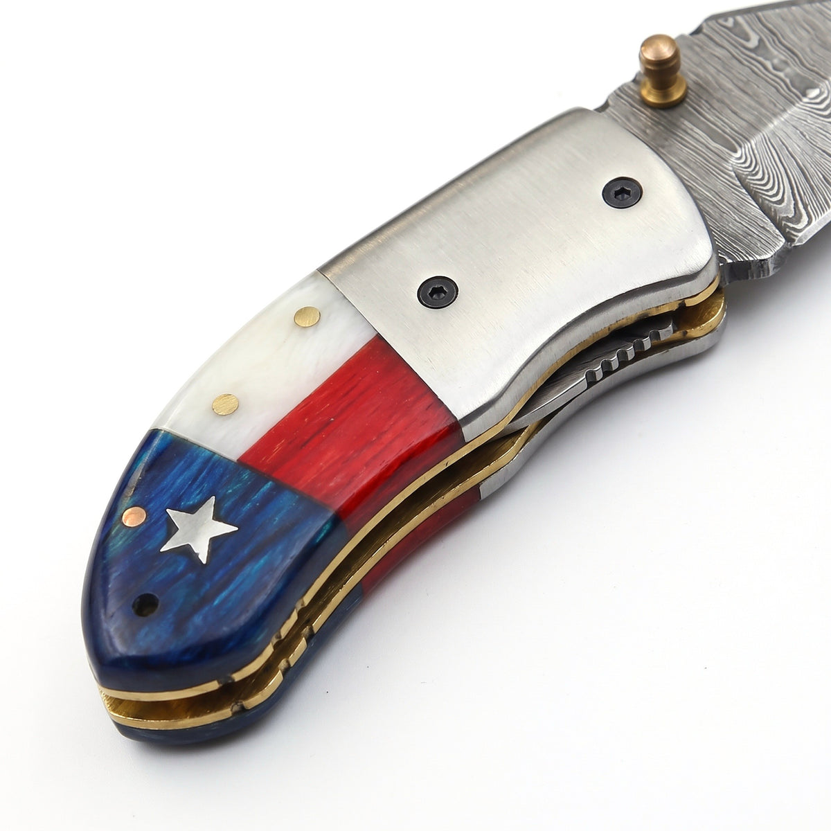 Creek 5" Damascus Pocket Knife | Bone, handle and fittings close-up