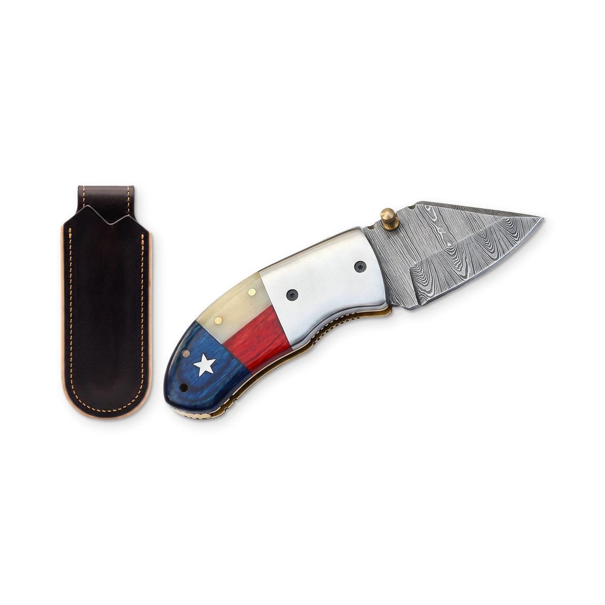 Creek 5" Damascus Pocket Knife | Bone, three-quarter view with the Crownridge belt slip
