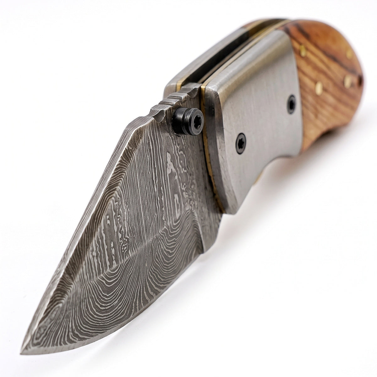 Creek 5" Damascus Pocket Knife | Olive Wood, Damascus blade close-up