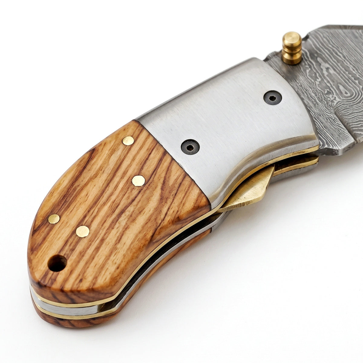 Creek 5" Damascus Pocket Knife | Olive Wood, handle and fittings close-up