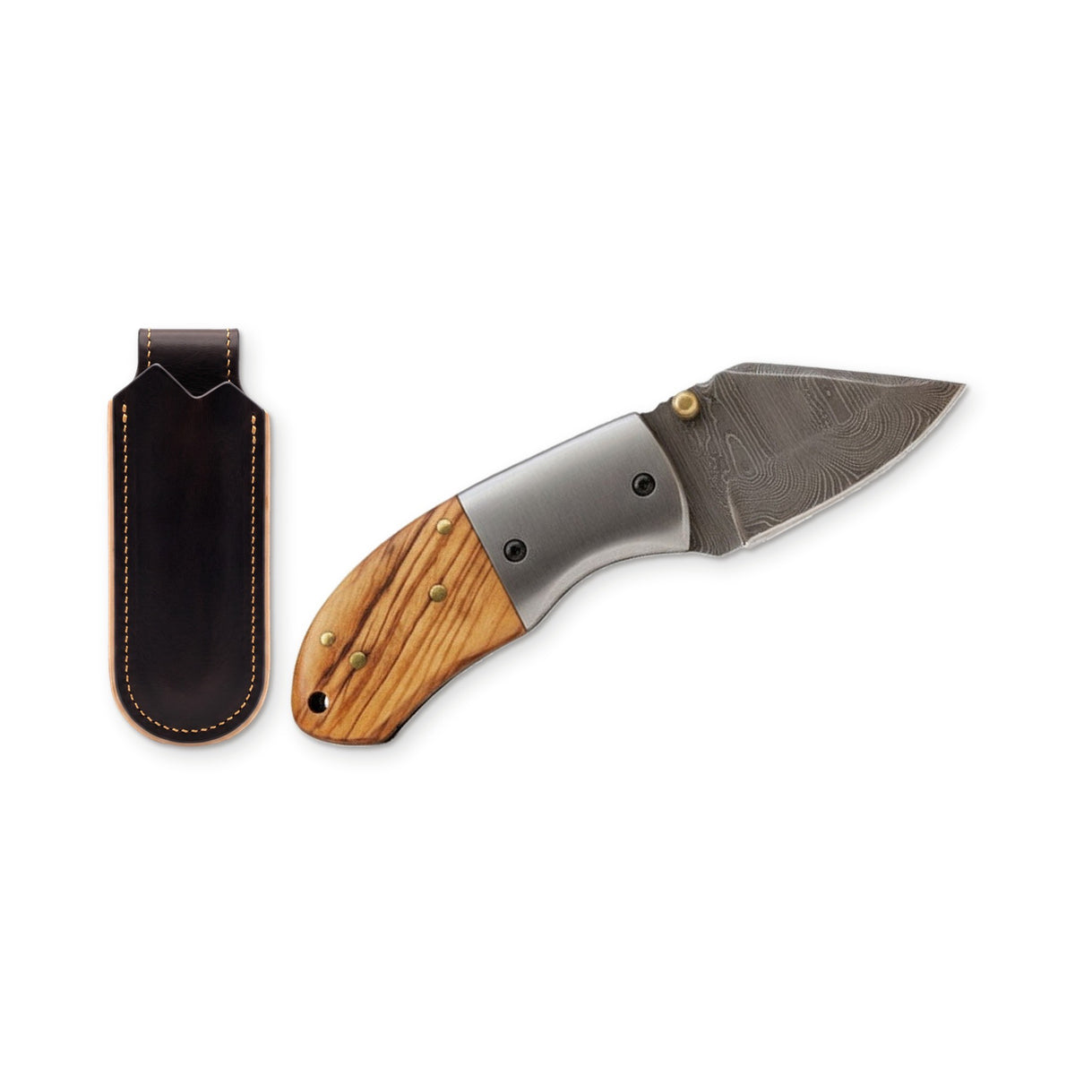 Creek 5" Damascus Pocket Knife | Olive Wood, three-quarter view with the Crownridge belt slip