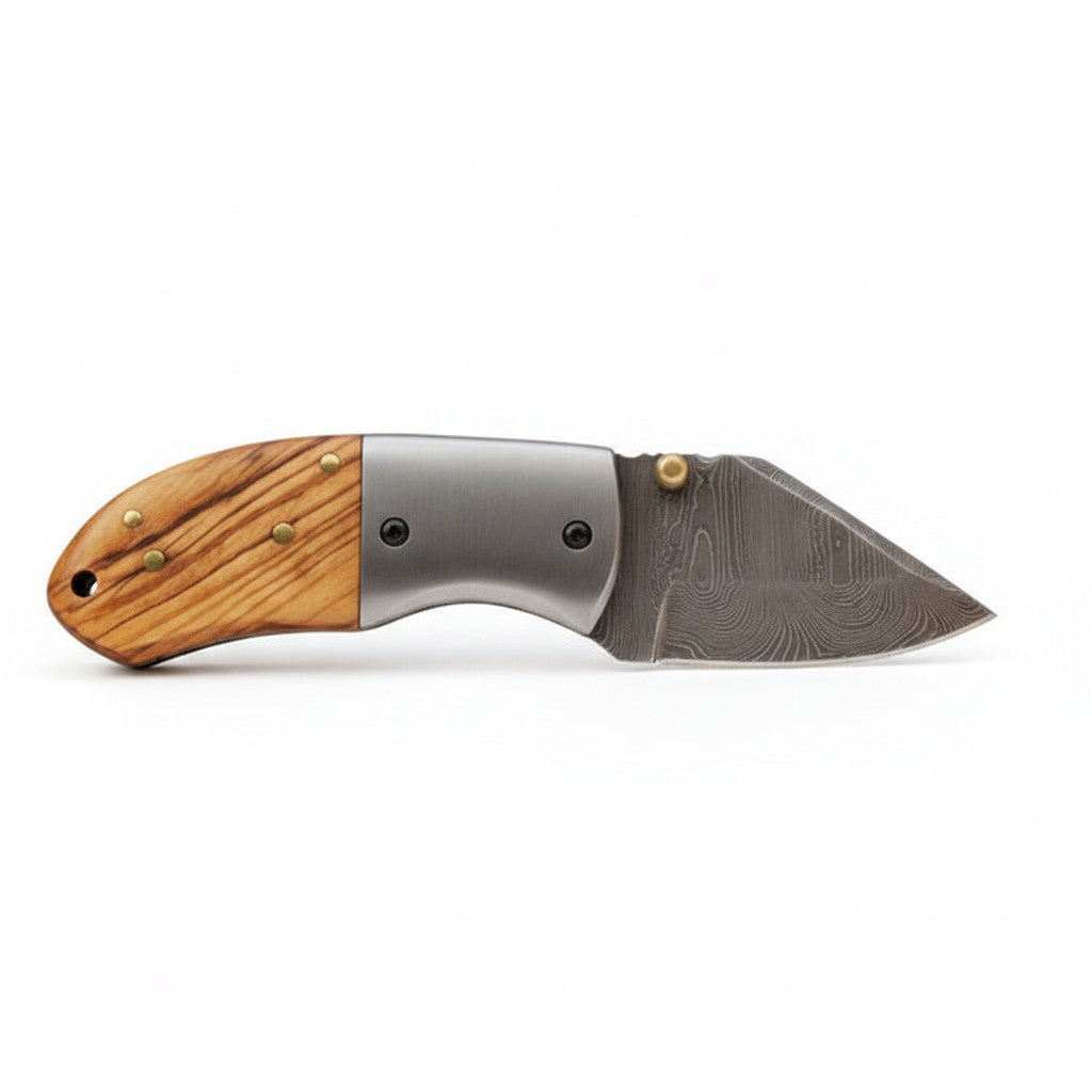 Creek 5" Damascus Pocket Knife | Olive Wood, side profile on white