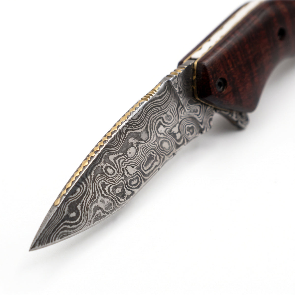 Creek 6.2" Damascus Pocket Knife | Snakewood, Damascus blade close-up