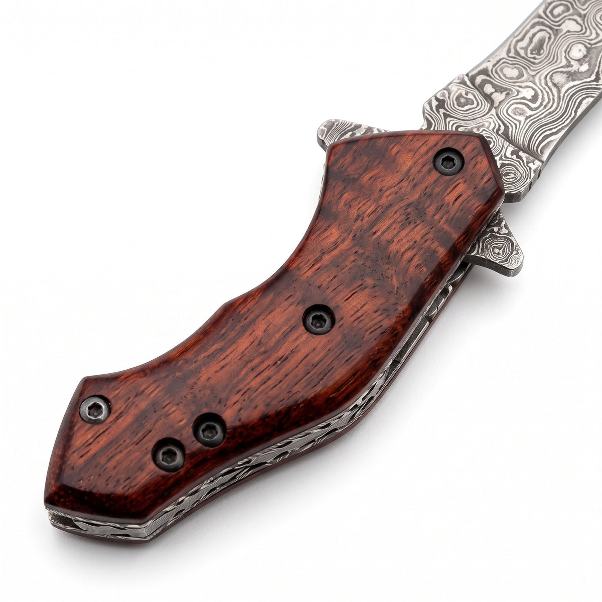 Creek 6.2" Damascus Pocket Knife | Snakewood, handle and fittings close-up
