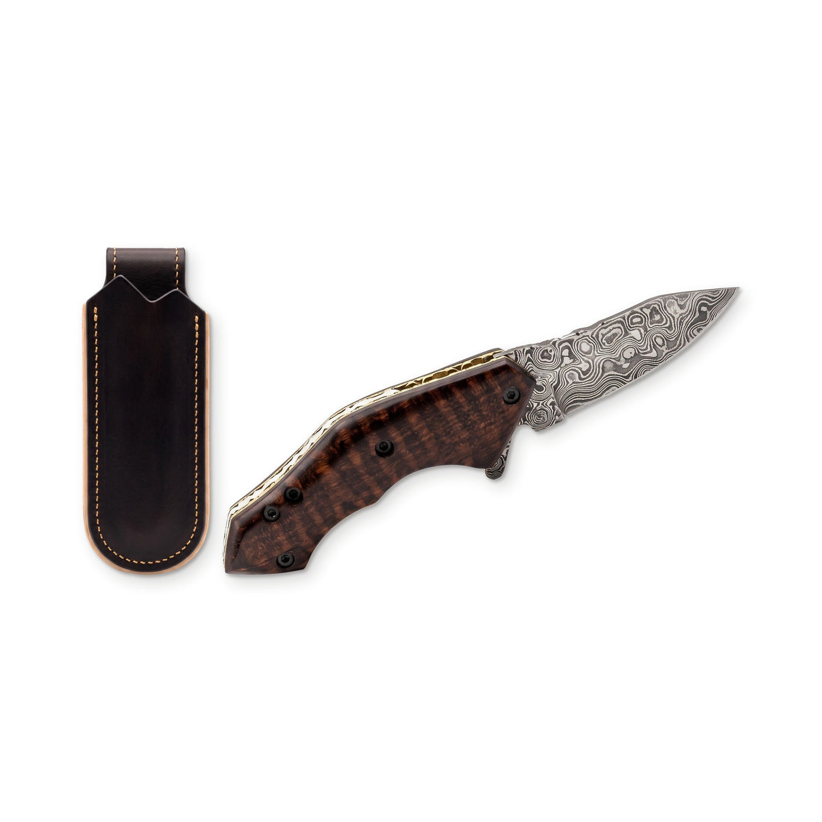 Creek 6.2" Damascus Pocket Knife | Snakewood, three-quarter view with the Crownridge belt slip