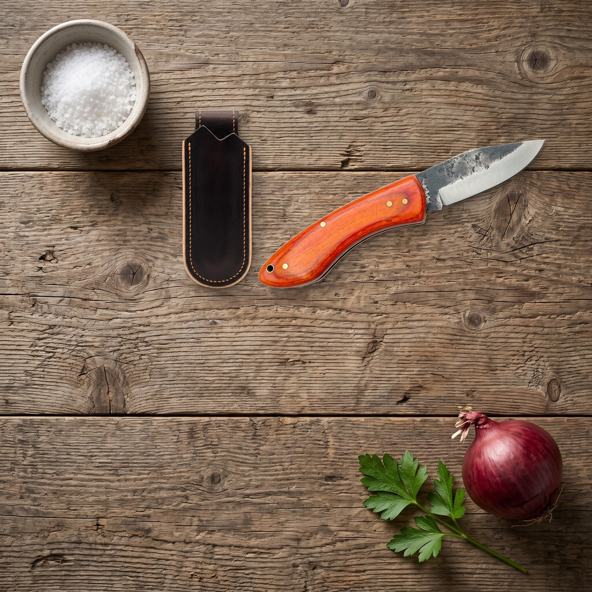 Creek 6.4" Carbon Steel Pocket Knife | Orange Resin, with the Crownridge belt slip in use