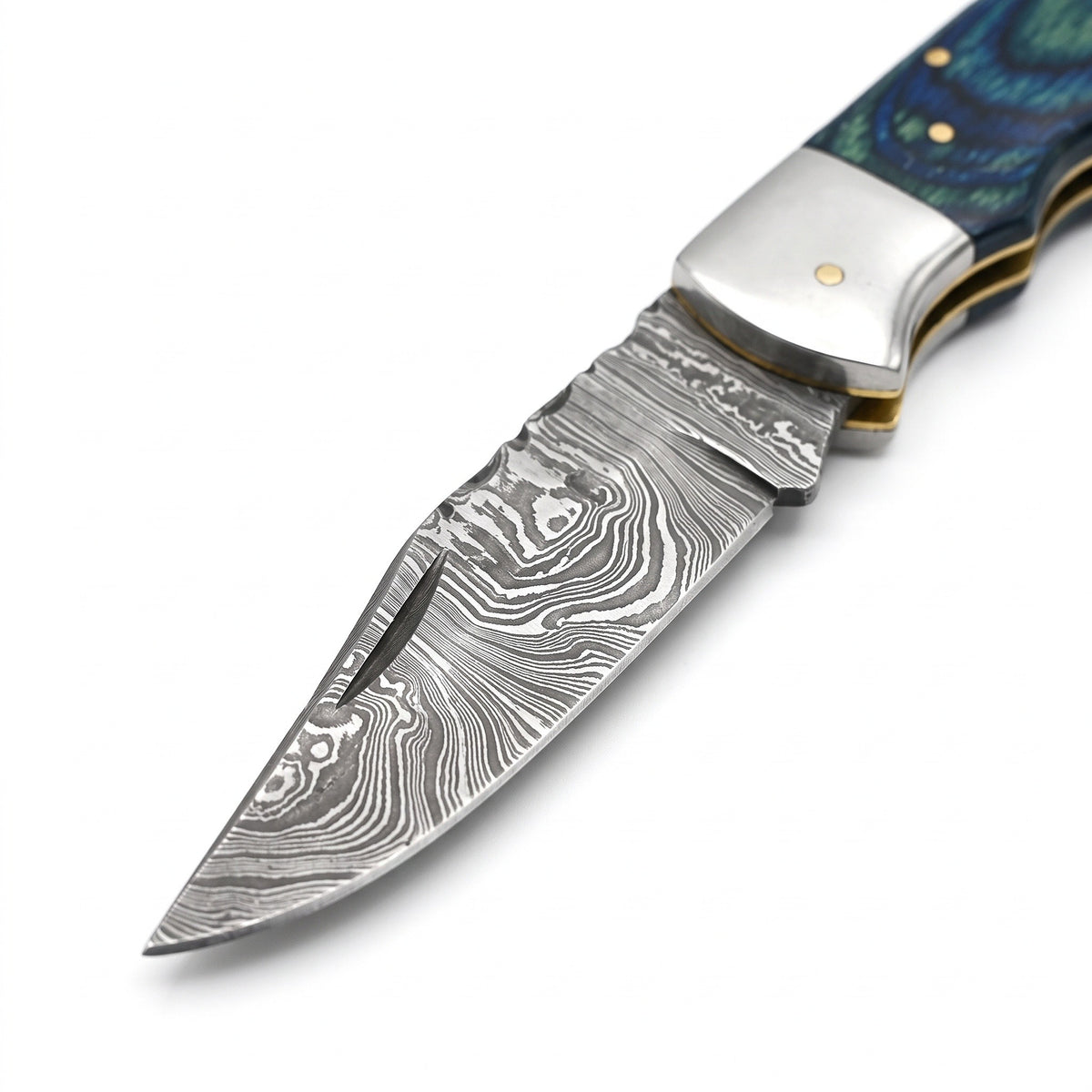 Creek 6.5" Damascus Pocket Knife | Blue Pakkawood, Damascus blade close-up