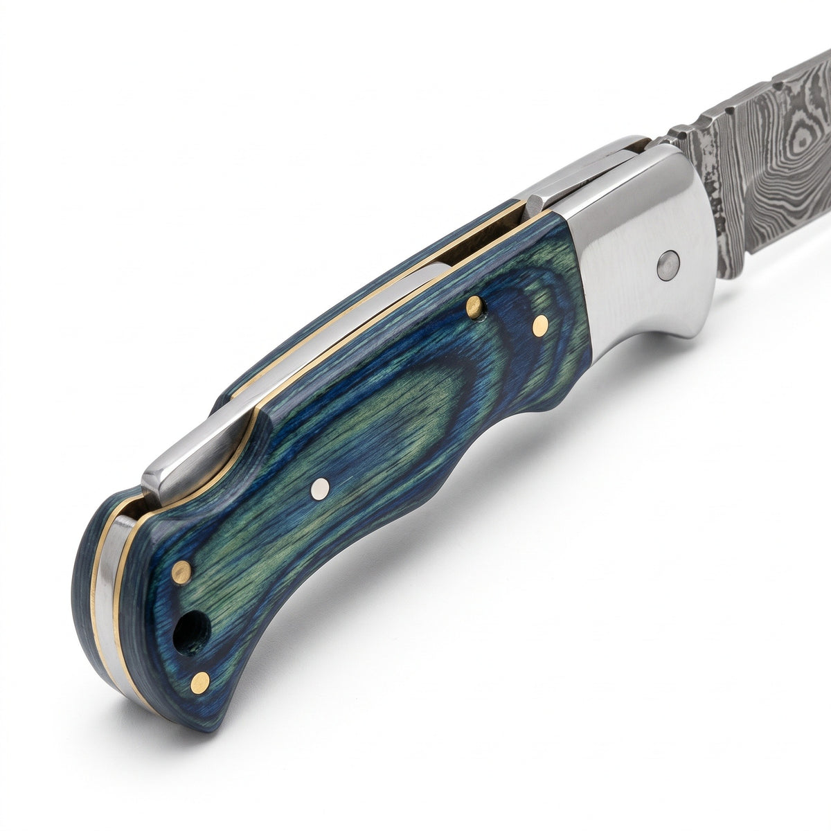 Creek 6.5" Damascus Pocket Knife | Blue Pakkawood, handle and fittings close-up