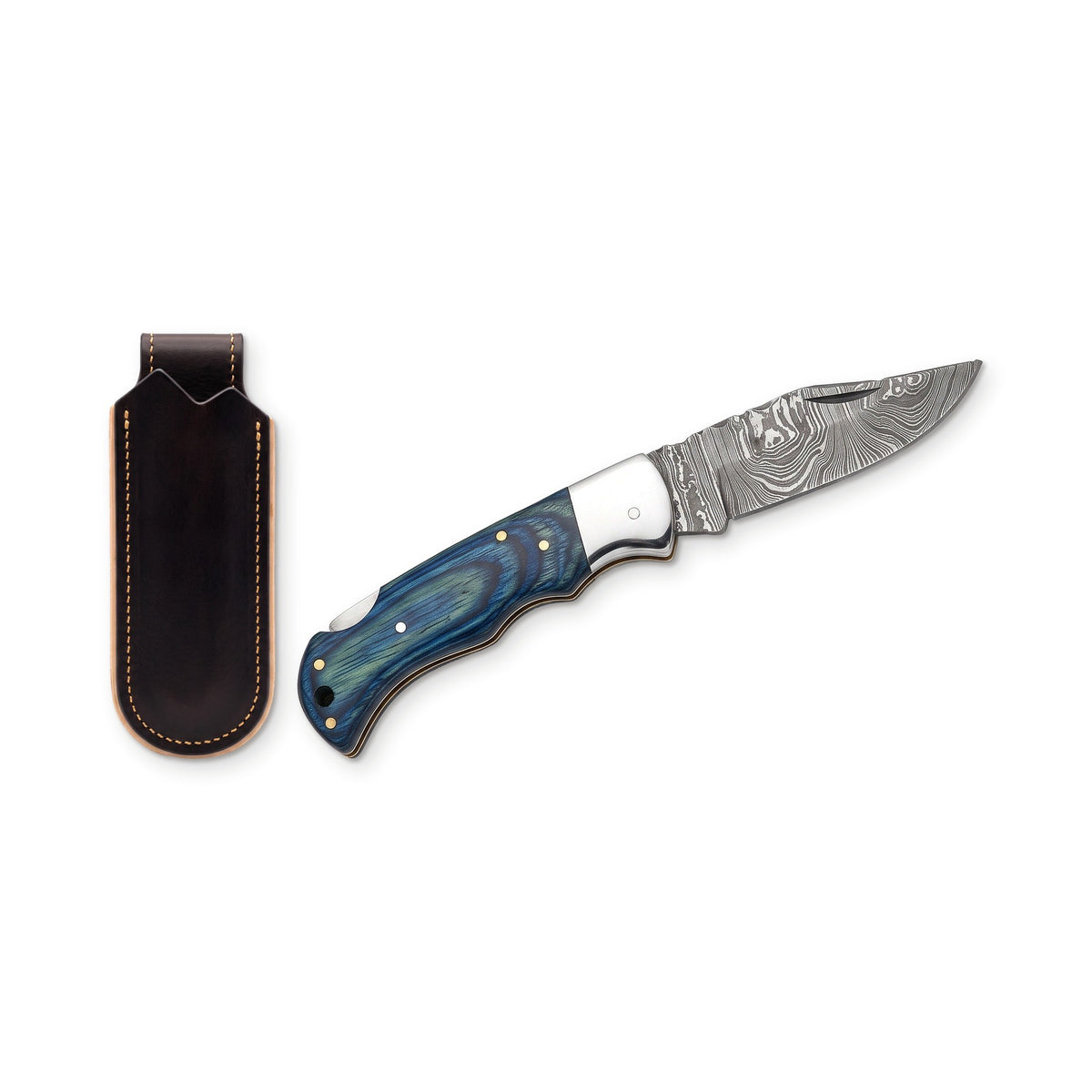 Creek 6.5" Damascus Pocket Knife | Blue Pakkawood, three-quarter view with the Crownridge belt slip