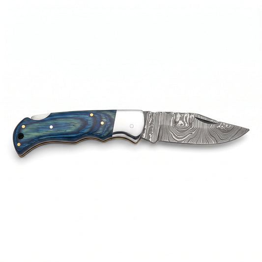 Creek 6.5" Damascus Pocket Knife | Blue Pakkawood, side profile on white